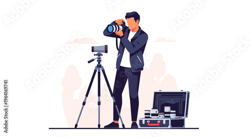 Professional Photographer Capturing Moment with Camera and Tripod.