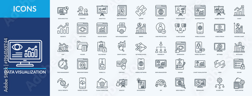 Data Visualization - Icon Collection. Thin outline Set contains such Icons as online graph, data management, jigsaw and more. Simple web icons set