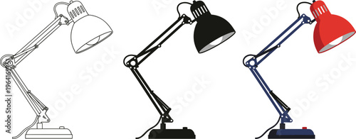 Adjustable desk lamp vector set featuring classic architect swing arm work light in outline, black silhouette, and colorful flat styles for office interior design.