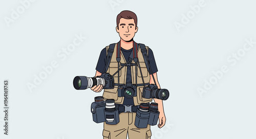 Professional Photographer Equipped With Multiple Cameras And Lenses.