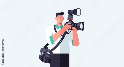 Professional photographer holding camera and flash equipment.