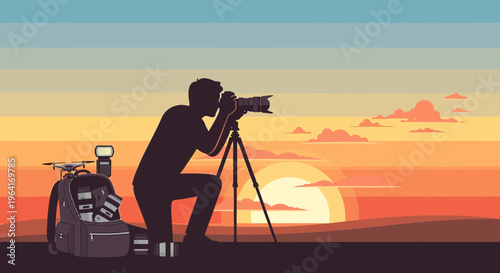 Silhouette of a photographer capturing a sunset with professional equipment.