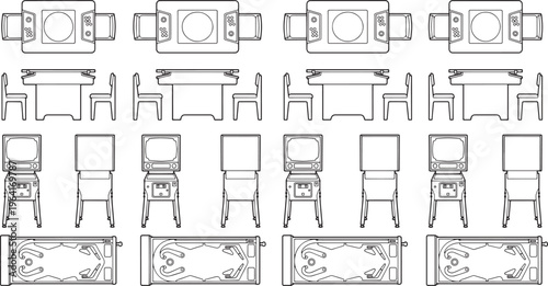 An Array of Furnitures Top Views for Design and Architecture. The image presents detailed top views of various furniture items for interior design, showcasing tables, chairs, and other furniture.