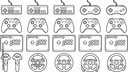 Array of different gaming controllers displayed in rows, creating a pattern.
