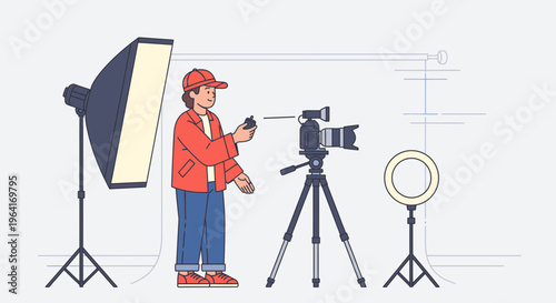 Videographer Setting Up Professional Lighting Equipment For Filming.