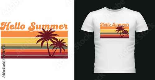 Hello summer horizontal sunset stripes with twin palm trees graphic