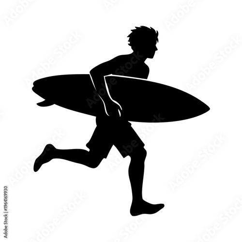 Vacaciones en la playa. Logo club de surf. Dibujo con silueta de un chico joven corriendo con una tabla de surf bajo el brazo 