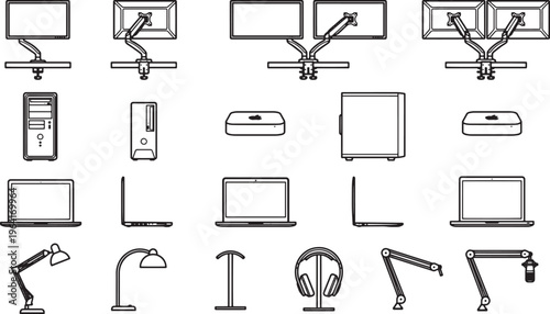 A graphic set of various modern office equipment, displayed in a minimalistic monochrome style, ready to enhance the visual of modern workspaces.
