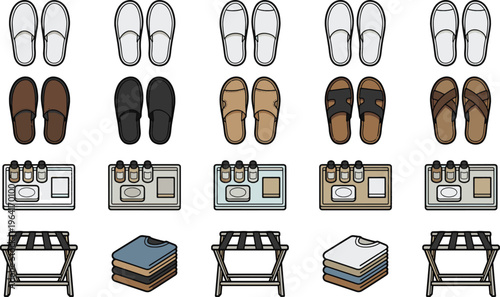 Arrangement of hotel essentials, including slippers, amenities, and luggage racks, offers a sense of comfort and preparation, ideal for hospitality or travel concepts.