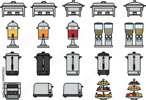 Assortment of food service equipment including food warmers, beverage dispensers, cereal dispensers, coffee urns, and toasters, ideal for catering or buffet service.