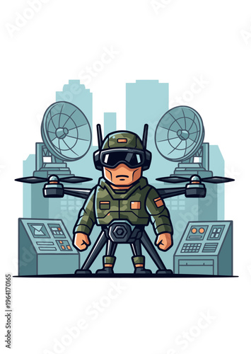 a cartoon soldier operating a drone.