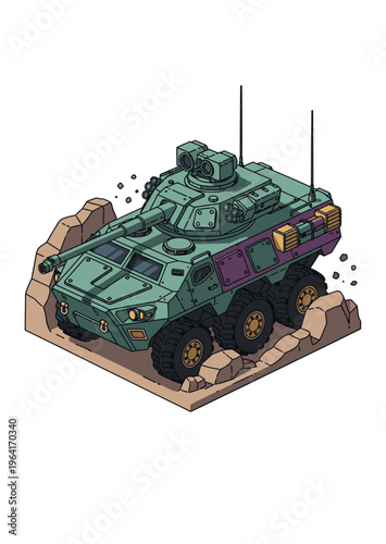 Military green armored vehicle on rocks.