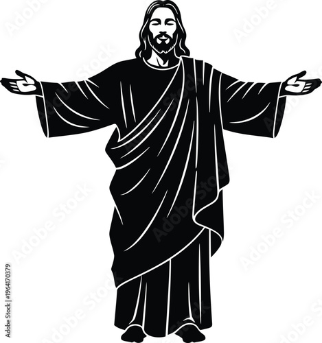 Jesus Christ Wearing Robe with Open Arms in Black and White Isolated on White