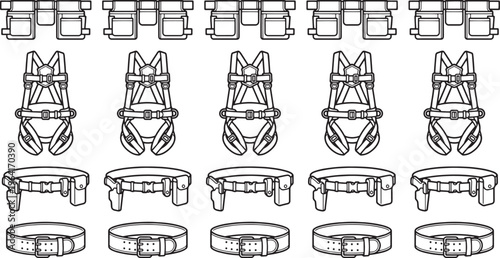 Safety gear line art in structured arrangement, suitable for industry safety manuals, emphasizing equipment readiness.