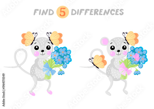 Find five differences between two pictures with adorable mice with butterflie...
