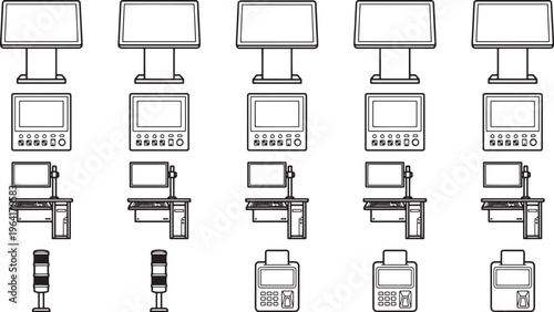 An illustration of a technological setup featuring a display, a control panel, and other devices, showcasing technological advancements.