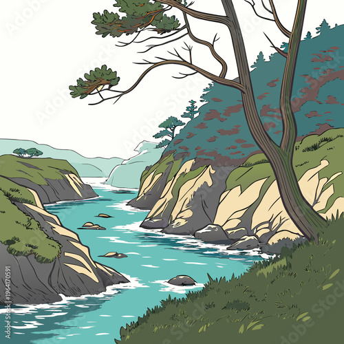 A serene landscape with a river flowing through a rocky gorge surrounded by lush greenery and trees