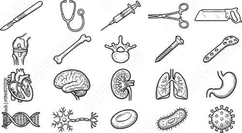 A detailed illustration showcases medical instruments, human anatomy, and cellular components in monochrome. 