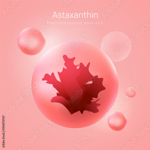 Astaxanthin Icon Supplement in 3D Vector with Red Algae Bubble, Haematococcus Pluvialis Antioxidant for Skin Health and Nourishment, Vitamin Mineral Concept, Anti Ageing Complexion, Medicine Circle