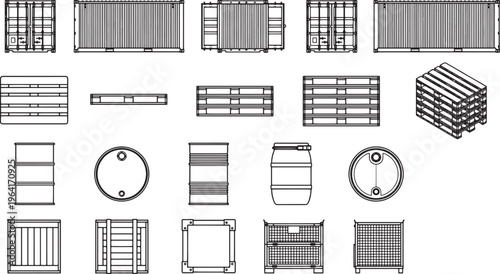 Industrial top-down blueprint illustration, showcasing shipping containers, wooden pallets and barrels.