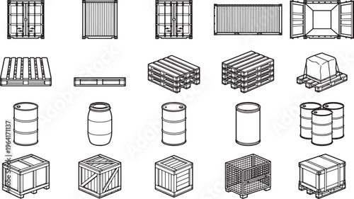 Showcasing an isometric illustration of a range of essential industrial containers and packaging elements, designed to communicate a sense of order and precision. 