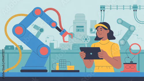 Woman in yellow operates robotic arm with tablet in modern factory setting with machinery
