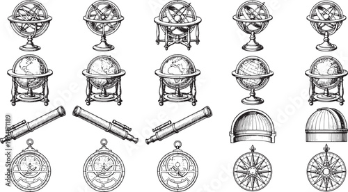Astronomical instruments, meticulously illustrated, adorn a plain background, creating an image of scientific curiosity and exploration.