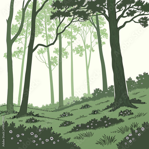 Illustration of a serene forest landscape with trees and flowers on a green hillside with a