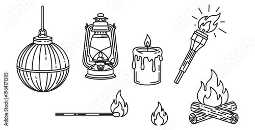 Collection of various black outline icons representing different sources of light and fire including a hanging lamp lantern candle torch matchstick and campfire