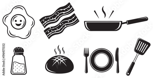 Collection of black and white icon set elements representing a classic american breakfast including eggs bacon bread and cooking utensils for kitchen design