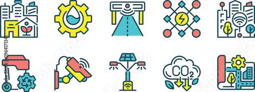 Illustrations of smart city infrastructure and sustainable technology icons