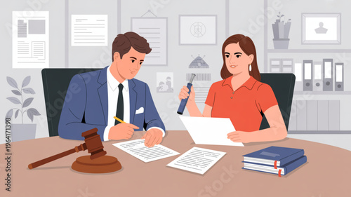 Business professionals discussing documents in office setting with gavel and books