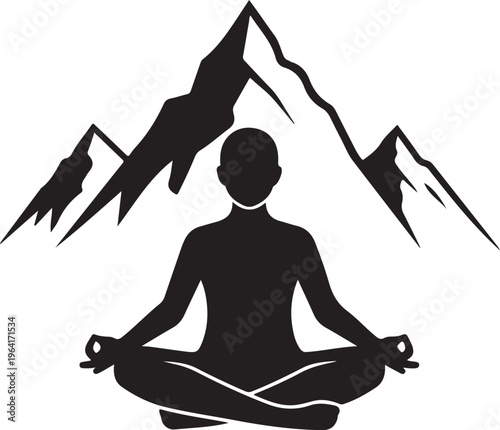 Person meditates peacefully in lotus position with majestic mountains