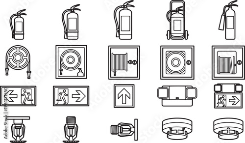 A collection of essential fire safety equipment icons, showcasing the tools and devices needed for preparedness and response.