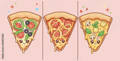 Adorable kawaii slices of pizza featuring vegetable pepperoni and pineapple varieties stand out brightly against a soft pastel background