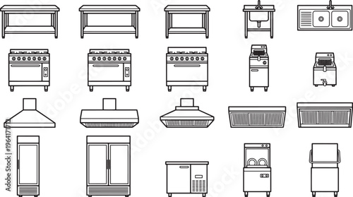 Detailed illustrations of essential commercial kitchen equipment. From cooking ranges and ventilation hoods to sinks, refrigerators, and prep tables, the scene portrays a sleek, efficient.