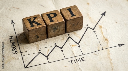 KPI Growth Chart: Wooden blocks spell out KPI atop a hand-drawn chart illustrating upward growth over time. A visual representation of key performance indicators and progress.
