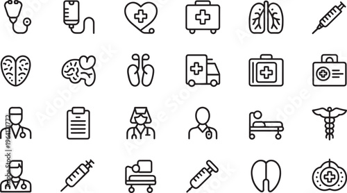 Collection of medical and healthcare line art icons representing different aspects of medicine