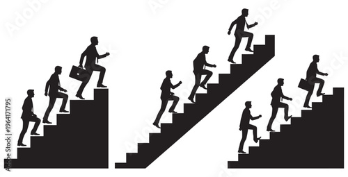 Silhouettes of determined businessmen ascending various staircases represent the continuous journey of career advancement, professional growth, and reaching challenging corporate goals.