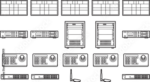 A comprehensive collection of interconnected and synchronized multimedia control devices, representing a network of technological integration and digital transformation, all rendered with clean lines.