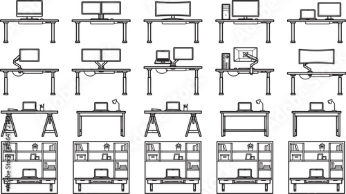 Depicting Various Office Desk Setups, Featuring Minimalist Line Drawings.