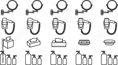 An array of bathroom essentials, each item presented in a minimalistic graphic style, highlighting its shape and form.