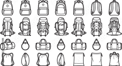 A comprehensive collection of various bags outlines arranged in rows, offering diverse styles for various uses. The bags vary from backpacks, duffel bags and daypacks.