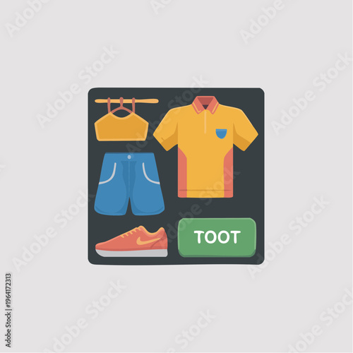 Colorful illustration of clothing items with TOOT label