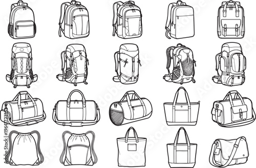 A detailed illustration showcasing a diverse selection of bags, meticulously outlined in clean lines, suitable for design and education.