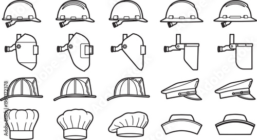 A collection of various protective headwear, showcasing a variety of hats and helmets in a simple line art.
