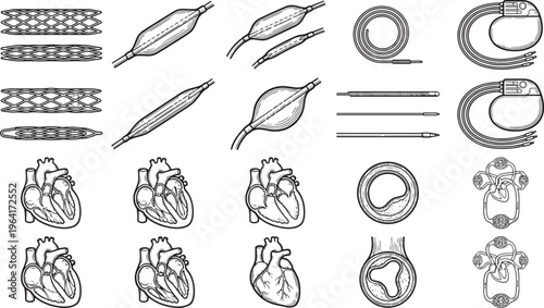 Intricate medical illustrations showcase a variety of cardiac tools with precision and detail, highlighting the tools of the medical profession.