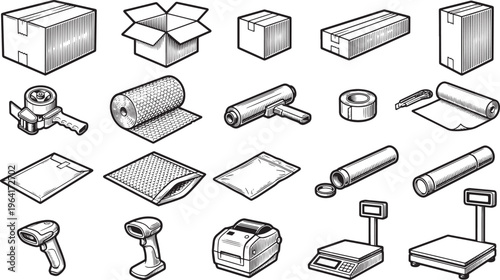 A comprehensive vector illustration collection showcasing essential tools and packaging supplies. 