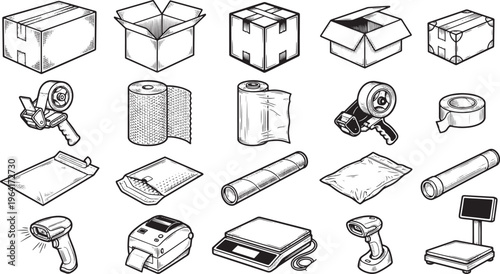 A collection of logistics and packaging icons, providing all the elements of goods transport and delivery. 