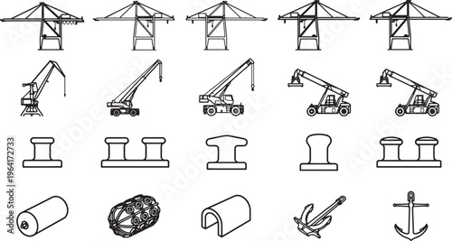 A collection of various industrial equipment including cranes, bollards, anchors, and other machinery, are presented against a simple, graphic background.